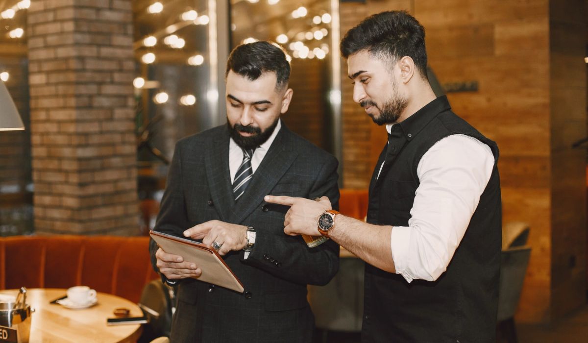 Two business people talking
