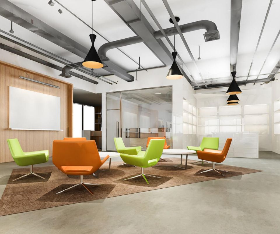 3d rendering modern loft office lounge in co working space